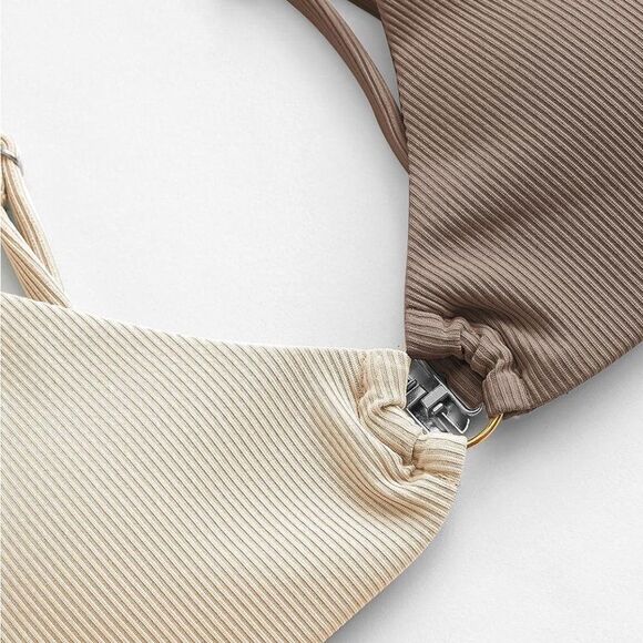 Two Tone Ribbed O-Ring Bikini Bathing Suit - Picture 3 of 5